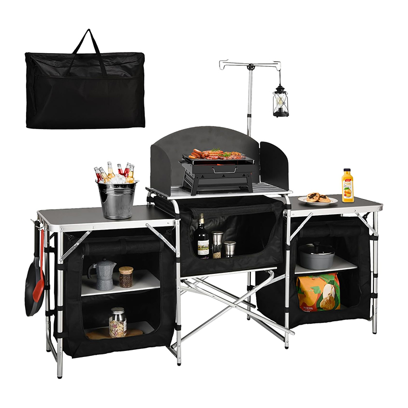 Camping Cooking Table With Windshield - Personnalisé polyvalent 3 armoires pare-brise amovible